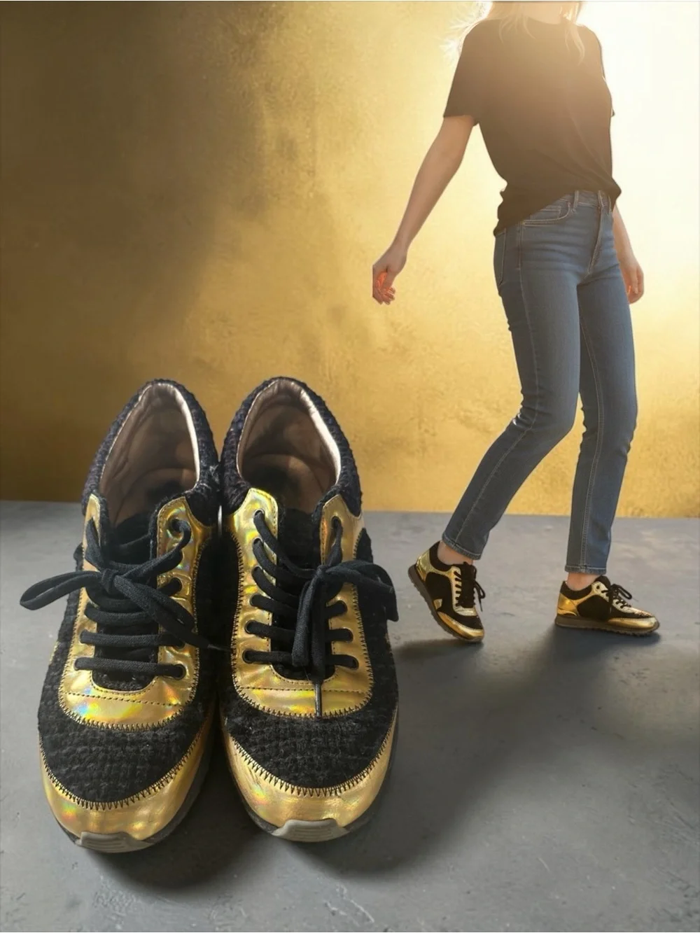 CHANEL Metallic Gold and Black Women's Sneakers